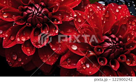Red Dahlia flowers with water drops background. Closeup of delicate blossom with glistening droplets. Generative AI 122900242