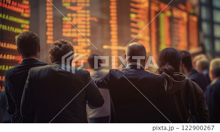 Stock traders from behind looking at financial graph on big screen. Equity or share trading concept. Generative AI 122900267