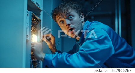 Electrician fixing electrical panel having a shock and looking scared 122900268