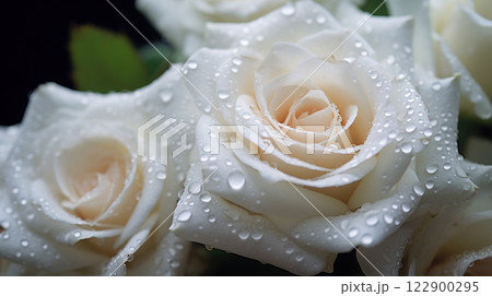 White Roses flowers with water drops background. Closeup of blossom with glistening droplets. Generative AI 122900295