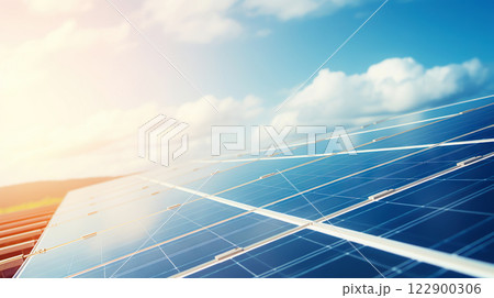 Closeup of Solar panels against blue sky with clouds. Solar energy generation. Renewable energetics. Generative AI Closeup of Solar panels against blue sky with clouds. Solar energy generation. Renewable energetics. Generative AI 122900306