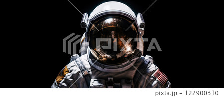 Portrait of astronaut floating in space. Front view on spacesuit technology. Generative AI Portrait of astronaut floating in space. Front view on spacesuit technology. Generative AI 122900310