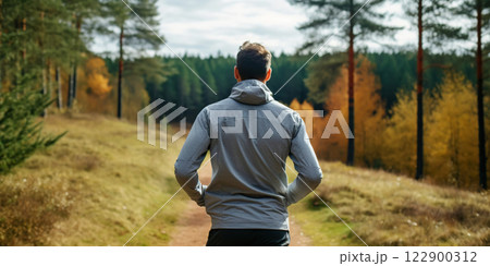 Man running in park with green trees on beautiful summer day. Sport fitness concept. Generative AI 122900312