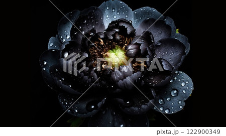 Black Peony flowers with water drops background. Closeup of blossom with glistening droplets. Generative AI Black Peony flowers with water drops background. Closeup of blossom with glistening droplets. Generative AI 122900349