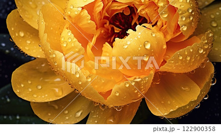 Yellow Peony flowers with water drops background. Closeup of blossom with glistening droplets. Generative AI 122900358