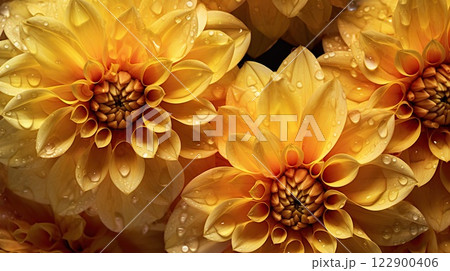 Yellow Dahlia flowers with water drops background. Closeup of delicate blossom with glistening droplets. Generative AI 122900406