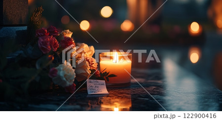 Burning candle and flowers commemorating president's day in usa 122900416