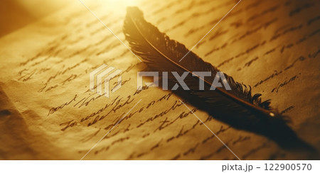 Vintage feather pen lying on old handwritten letter under warm light 122900570