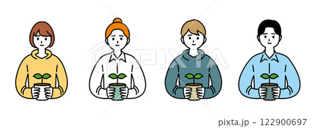 エコを体現するため苗を持って植樹に挑む若い男女のイラストセット エコを体現するため苗を持って植樹に挑む若い男女のイラストセット 122900697