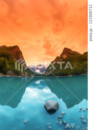 Panoramic shot mountain landscape mountain lake with turquoise water and orange sky on mountain background. 122900712