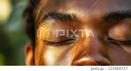 Young person meditating with closed eyes and golden skin in sunlight 122900727
