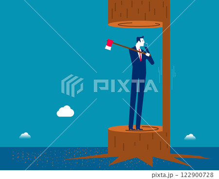 A businessman dangerously playing with an axe. Business job cuts vector flat style 122900728