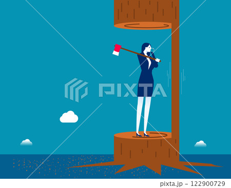 A businesswoman dangerously playing with an axe. Business job cuts vector flat style 122900729