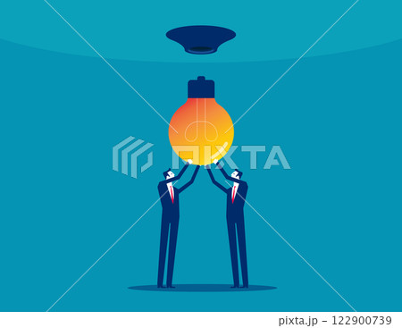 Business group trying to replace a light bulb. Business teamwork vector flat style Business group trying to replace a light bulb. Business teamwork vector flat style 122900739