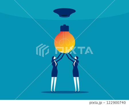 Business group trying to replace a light bulb. Business teamwork vector flat style Business group trying to replace a light bulb. Business teamwork vector flat style 122900740
