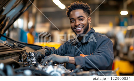 Smiling african american car mechanic makes out 122900824