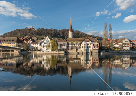 View across the Rhine to the medieval old town of Stein am Rhein in Switzerland View across the Rhine to the medieval old town of Stein am Rhein in Switzerland 122900857
