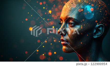 Woman with metallic makeup embracing global communication in a conceptual portrait 122900954
