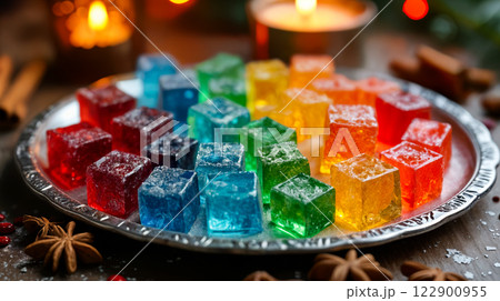 Colorful rainbow candies sparkling on silver tray during christmas time 122900955