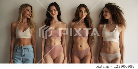 Four models posing for underwear advertisement on white background 122900989