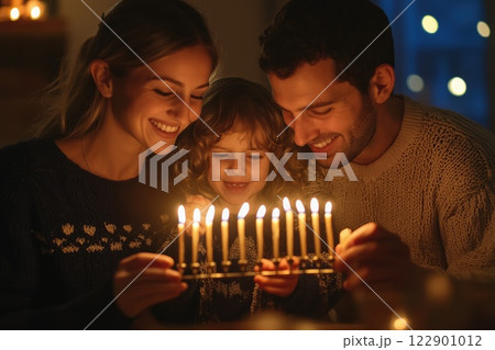 Jewish Family Lighting Menorah Together at Hanukkah Surrounded by Candlelight in a Festive Intimate Atmosphere Jewish Family Lighting Menorah Together at Hanukkah Surrounded by Candlelight in a Festive Intimate Atmosphere 122901012