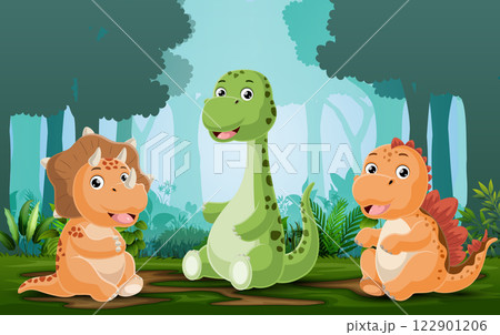 Cartoon three little dinosaur playing in the jungle Cartoon three little dinosaur playing in the jungle 122901206
