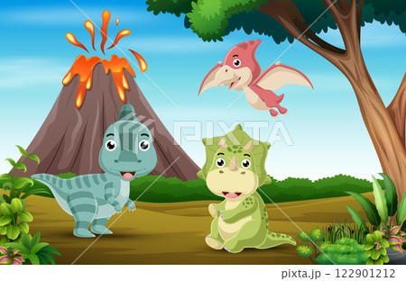 Cartoon three little dinosaur playing with volcano erupting background 122901212