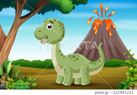 Happy brontosaurus cartoon with volcano erupting background 122901221