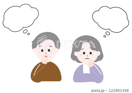 悩んでいる老夫婦 高齢者の男女 雲形の吹き出し 悩んでいる老夫婦 高齢者の男女 雲形の吹き出し 122901348