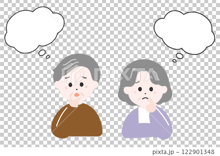 Worried elderly couple, elderly men and women, cloud-shaped speech bubble 122901348