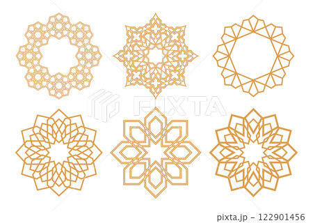 Set of decorative frames Elegant vector element for design in Eastern style, place for text. Floral golden and white borders. Lace illustration for invitations and greeting cards 122901456