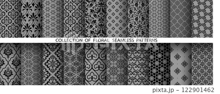 Geometric floral set of seamless patterns. Gray and black vector backgrounds. Damask graphic ornaments 122901462