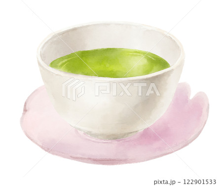 桜の茶托にのった緑茶の水彩イラスト 122901533