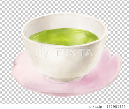 桜の茶托にのった緑茶の水彩イラスト 122901533