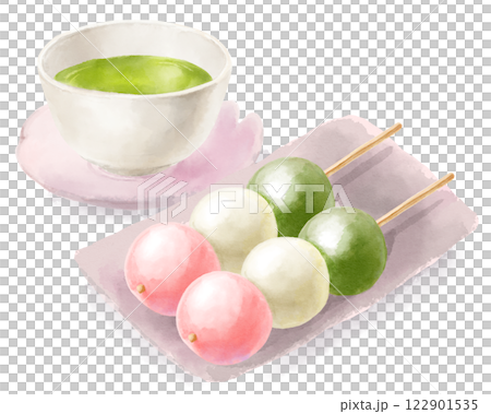 Spring-like watercolor illustration of three-colored dumplings and green tea Spring-like watercolor illustration of three-colored dumplings and green tea 122901535
