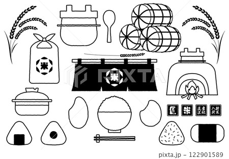 米・ごはん・おにぎり・稲アイコン線画ベクターイラストセット シンプル かわいい 122901589