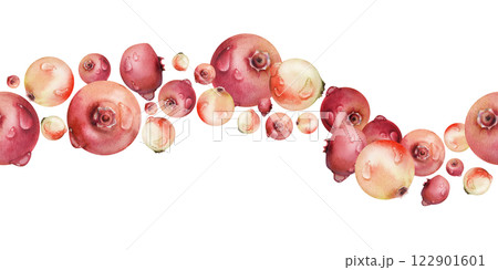 Lingonberry cranberry hand drawn in watercolor, scattered ripe forest berry group, dew drops, bearberry teaberry. Seamless banner isolated illustration. Home preserves, textile stationery, recipe book Lingonberry cranberry hand drawn in watercolor, scattered ripe forest berry group, dew drops, bearberry teaberry. Seamless banner isolated illustration. Home preserves, textile stationery, recipe book 122901601