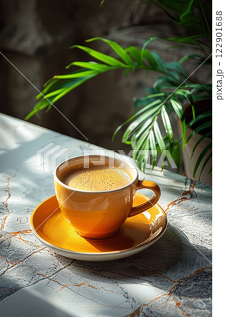 Cup of coffee on yellow plate on marble counter Cup of coffee on yellow plate on marble counter 122901688