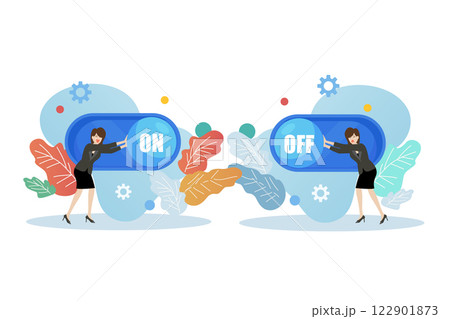 Business women turn on and turn off switch. Start or Shut down business. Business women turn on and turn off switch. Start or Shut down business. 122901873