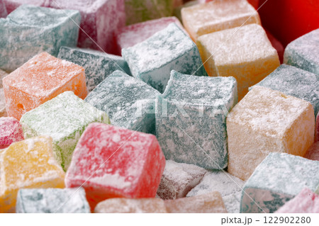 Colorful assortment of traditional confectionery arranged in vibrant display for festive enjoyment Colorful assortment of traditional confectionery arranged in vibrant display for festive enjoyment 122902280
