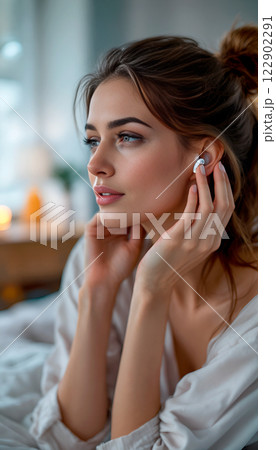 Young woman puts in earplugs before going to bed while sitting in her pajamas on her bed. Sleep hygiene. Remedies for insomnia. Close-up Young woman puts in earplugs before going to bed while sitting in her pajamas on her bed. Sleep hygiene. Remedies for insomnia. Close-up 122902291