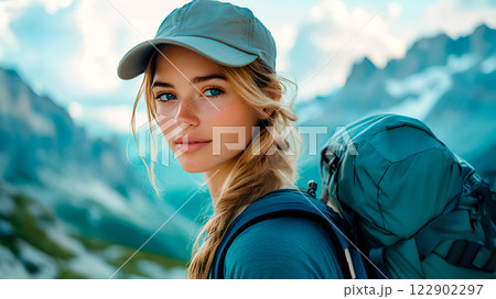Beautiful young hiker in cap with backpack admiring view of the mountains. Tourist destinations, travel 122902297