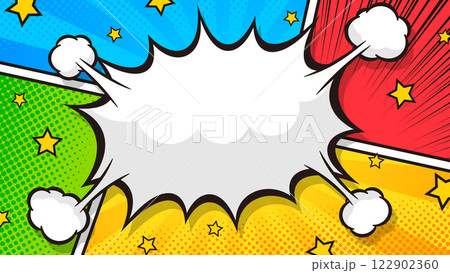 16:9のフレーム背景素材：アメコミ風の爆発したトゲトゲの吹き出しのベクターイラスト 122902360