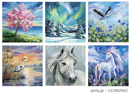 acrylic painting set with nature landscapes, animals and fantasy scenes, colorful artworks horses, birds, night sky 122902602