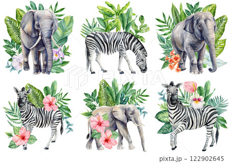 Elephants and zebras. Watercolor Wild AnimalsTropical Leaves. Hibiscus, orchid flowers. Hand Painted Safari Wildlife Set 122902645