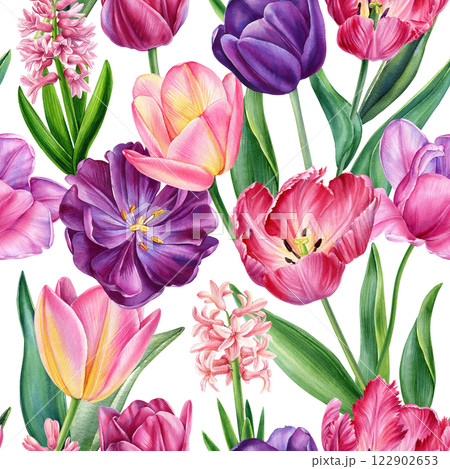 colorful tulips, hyacinths watercolor floral seamless pattern spring flowers, botanical illustration for fabric, design 122902653