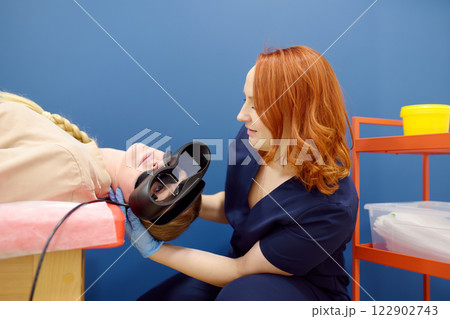 Neurologist performing positional testing of patient using videonystagmography . VNG testing uses goggles with infrared cameras to track eye movements, and can help to determine if the patient is Neurologist performing positional testing of patient using videonystagmography . VNG testing uses goggles with infrared cameras to track eye movements, and can help to determine if the patient is 122902743