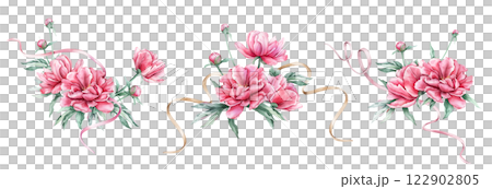 Watercolor set of bouquet of delicate pink peony flowers with ribbon. Hand drawn illustration beautiful floral flower. Summer botanical plant on isolated. Elements for design invitations anniversary. Watercolor set of bouquet of delicate pink peony flowers with ribbon. Hand drawn illustration beautiful floral flower. Summer botanical plant on isolated. Elements for design invitations anniversary. 122902805