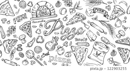 Pizza Background in Doodle Style. horizontal Hand drawn sketch . set vector illustration 122903255