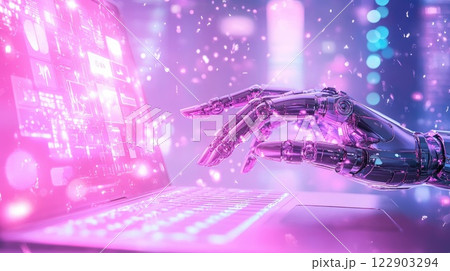 Robotic hand interacting with a computer, showcasing advanced technology in a vibrant digital environment 122903294
